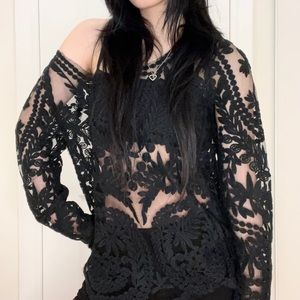 Gothic Elegant Boho Black Mesh Lace Slip Cover Top Off Shoulder
